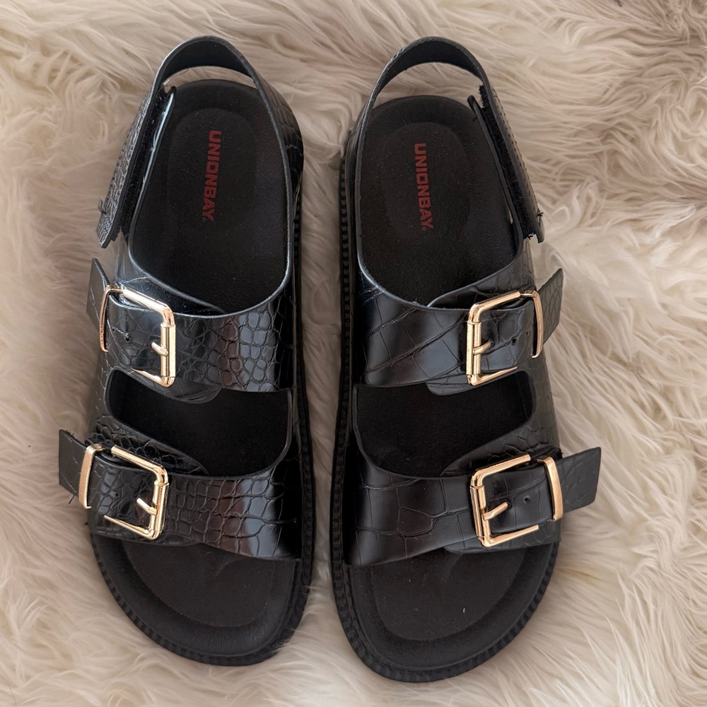 UNIONBAY Black Croc-Embossed Double Buckle Slingback Sandals